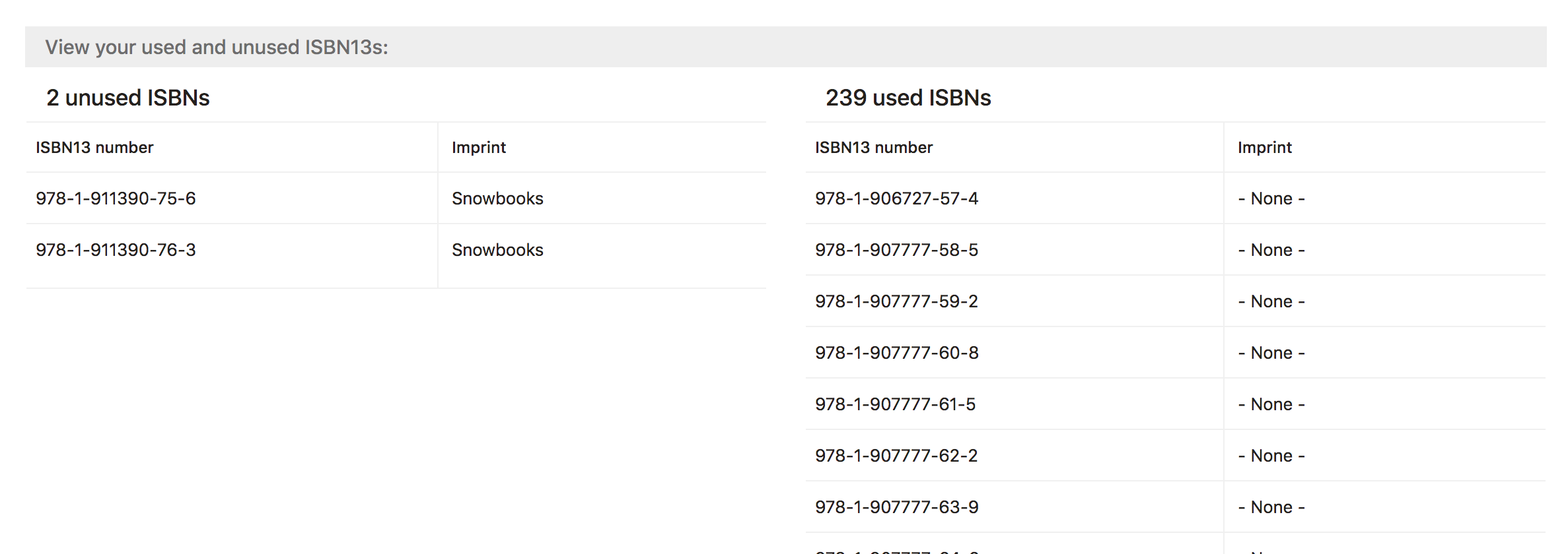 Screenshot of ISBN-13s list.