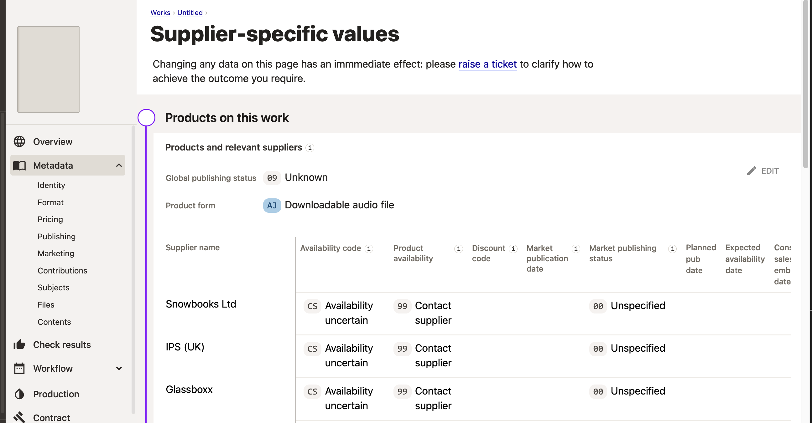 The supplier specific values page